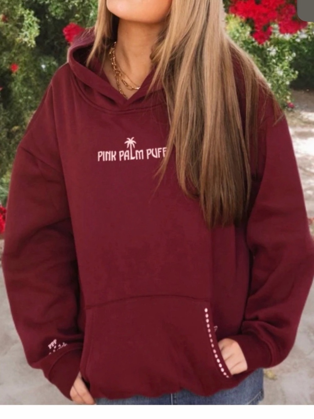 PINK PALM PUFF LIVE IN THE MOMENT HOODIE IN CHERRY - XS NWOT